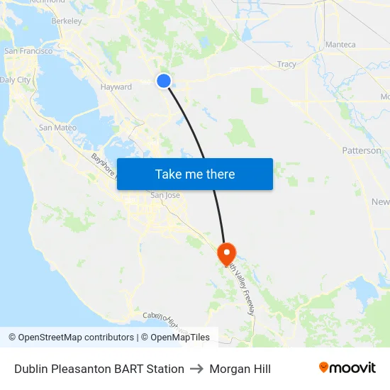 Dublin Pleasanton BART Station to Morgan Hill map