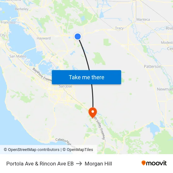 Portola Ave & Rincon Ave EB to Morgan Hill map