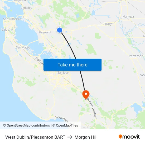West Dublin/Pleasanton BART to Morgan Hill map