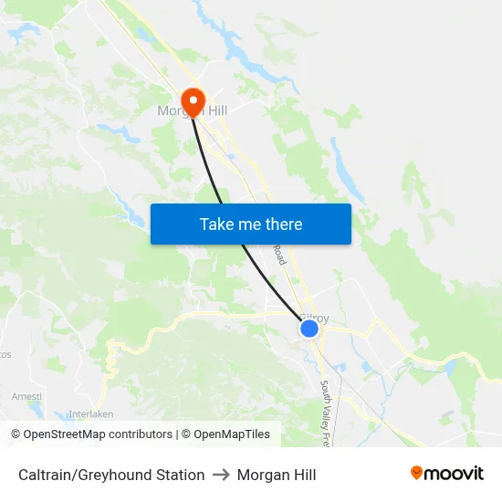 Caltrain/Greyhound Station to Morgan Hill map