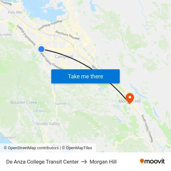 De Anza College Transit Center to Morgan Hill map