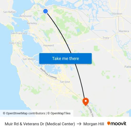 Muir Rd & Veterans Dr (Medical Center) to Morgan Hill map