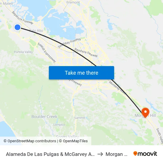 Alameda De Las Pulgas & McGarvey Ave to Morgan Hill map
