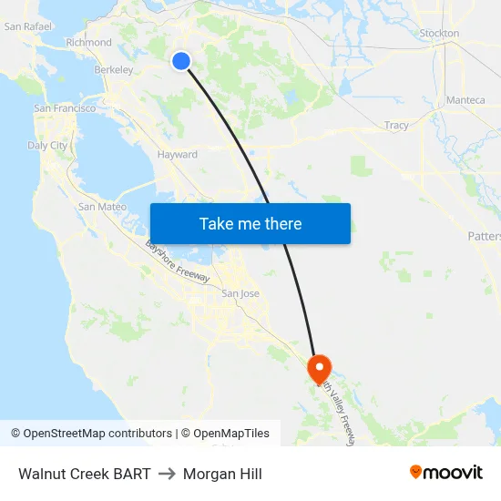 Walnut Creek BART to Morgan Hill map