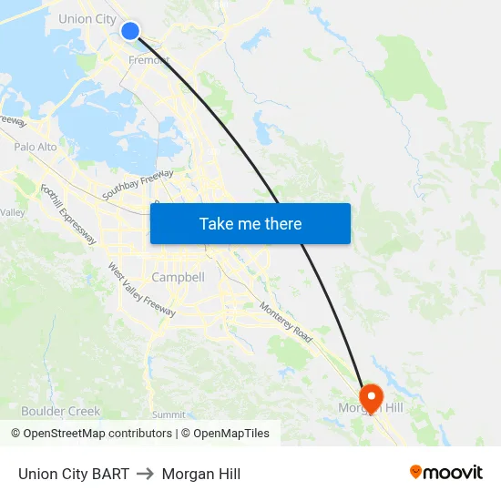 Union City BART to Morgan Hill map