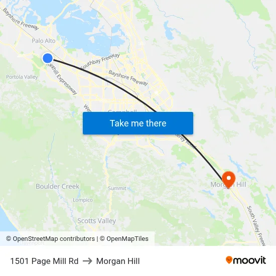 1501 Page Mill Rd to Morgan Hill map