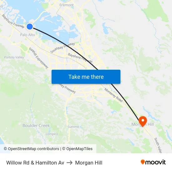 Willow Rd & Hamilton Av to Morgan Hill map