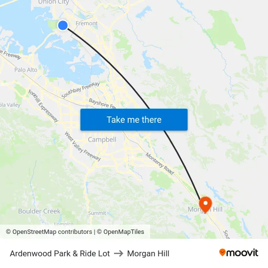 Ardenwood Park & Ride Lot to Morgan Hill map
