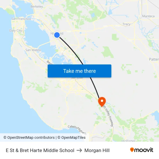 E St & Bret Harte Middle School to Morgan Hill map