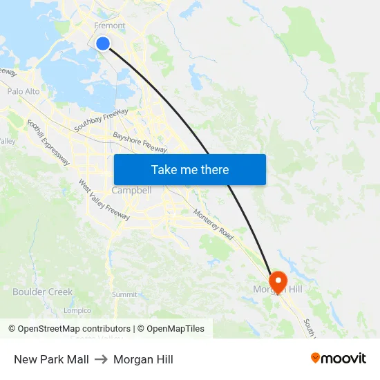 New Park Mall to Morgan Hill map