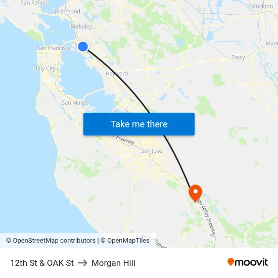 12th St & OAK St to Morgan Hill map