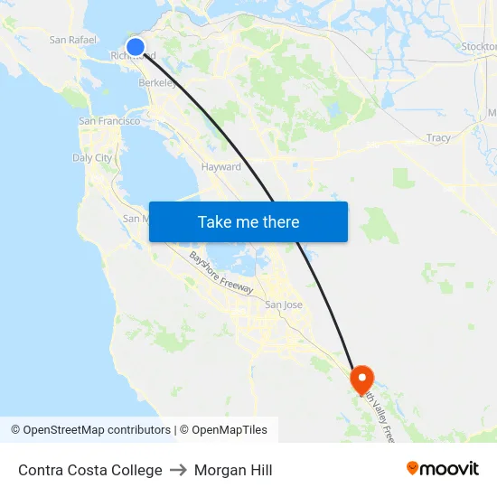 Contra Costa College to Morgan Hill map