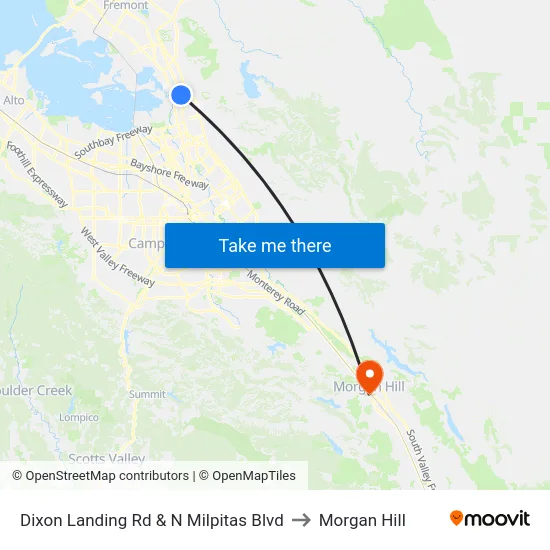 Dixon Landing Rd & N Milpitas Blvd to Morgan Hill map