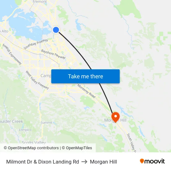 Milmont Dr & Dixon Landing Rd to Morgan Hill map