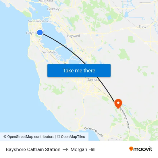 Bayshore Caltrain Station to Morgan Hill map