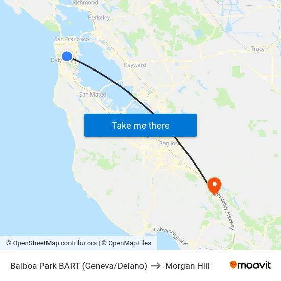Balboa Park BART (Geneva/Delano) to Morgan Hill map