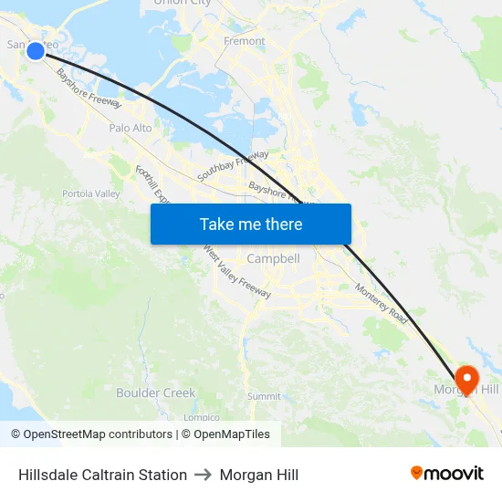 Hillsdale Caltrain Station to Morgan Hill map