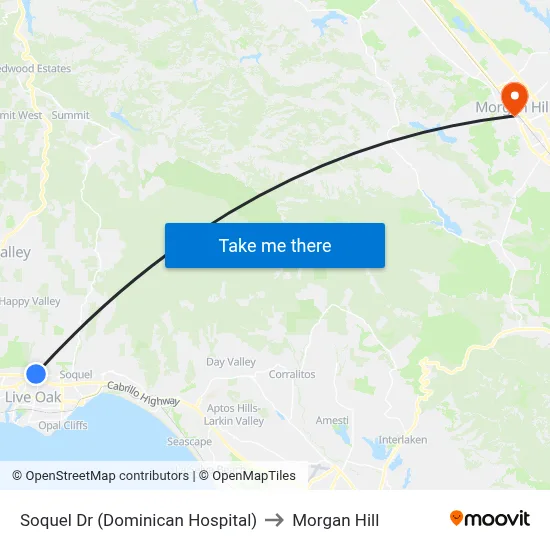 Soquel Dr (Dominican Hospital) to Morgan Hill map