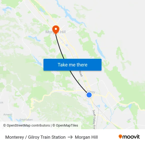 Monterey / Gilroy Train Station to Morgan Hill map