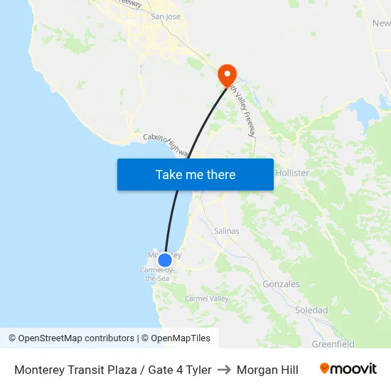 Monterey Transit Plaza / Gate 4 Tyler to Morgan Hill map