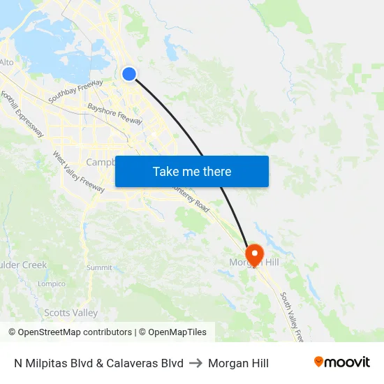 N Milpitas Blvd & Calaveras Blvd to Morgan Hill map