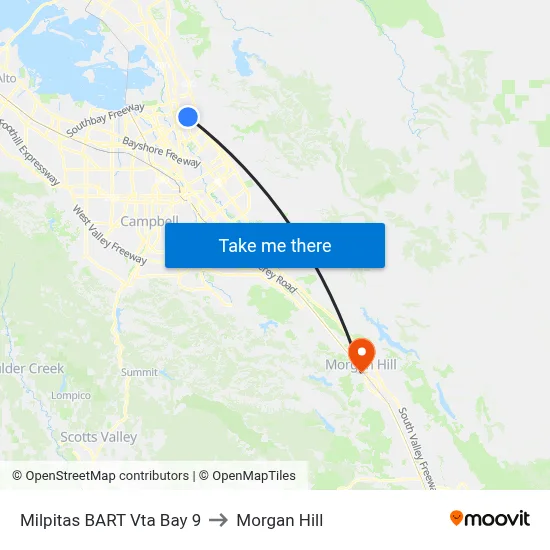 Milpitas BART Vta Bay 9 to Morgan Hill map
