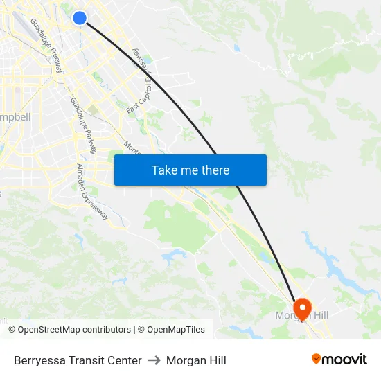 Berryessa Transit Center to Morgan Hill map