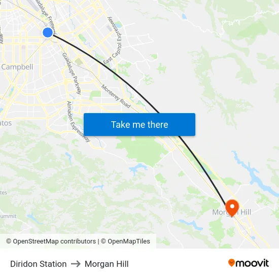 Diridon Station to Morgan Hill map
