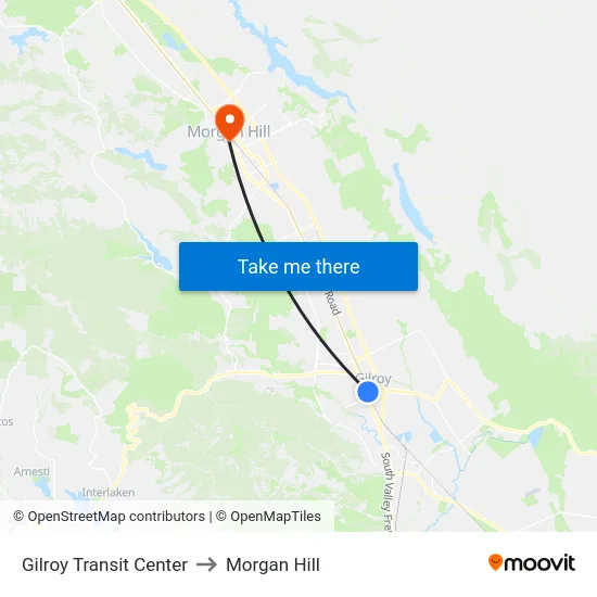 Gilroy Transit Center to Morgan Hill map