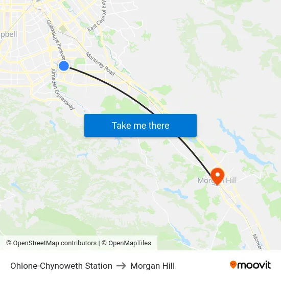 Ohlone-Chynoweth Station to Morgan Hill map