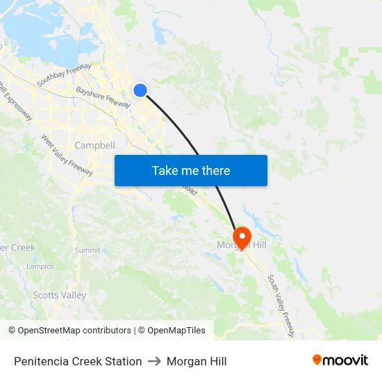 Penitencia Creek Station to Morgan Hill map