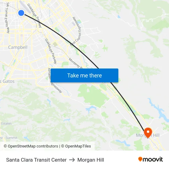 Santa Clara Transit Center to Morgan Hill map