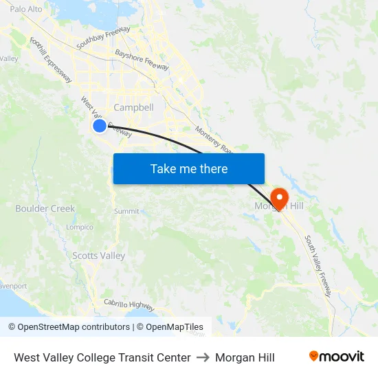 West Valley College Transit Center to Morgan Hill map