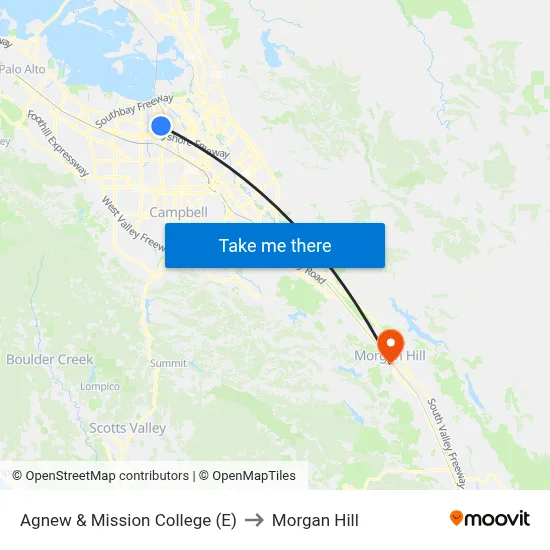Agnew & Mission College (E) to Morgan Hill map