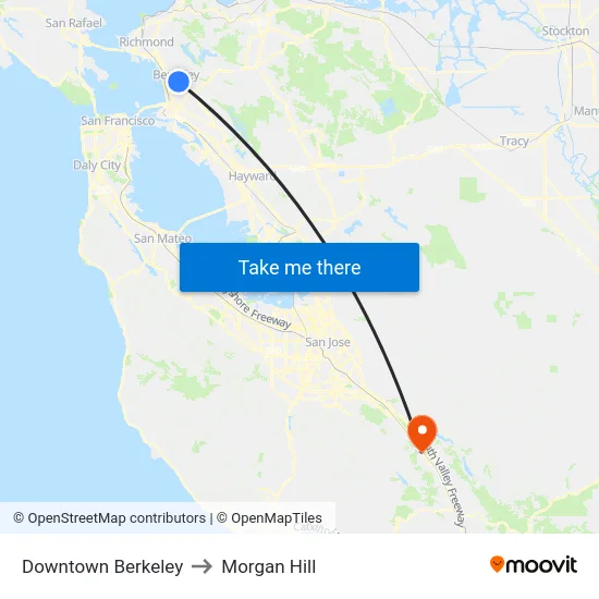 Downtown Berkeley to Morgan Hill map