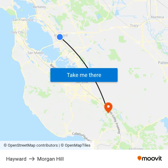 Hayward to Morgan Hill map