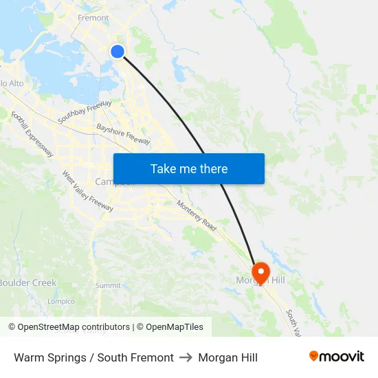 Warm Springs / South Fremont to Morgan Hill map