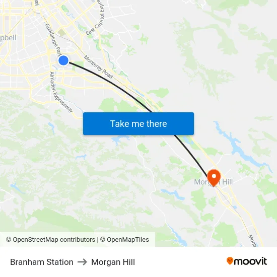 Branham Station to Morgan Hill map