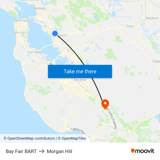 Bay Fair BART to Morgan Hill map