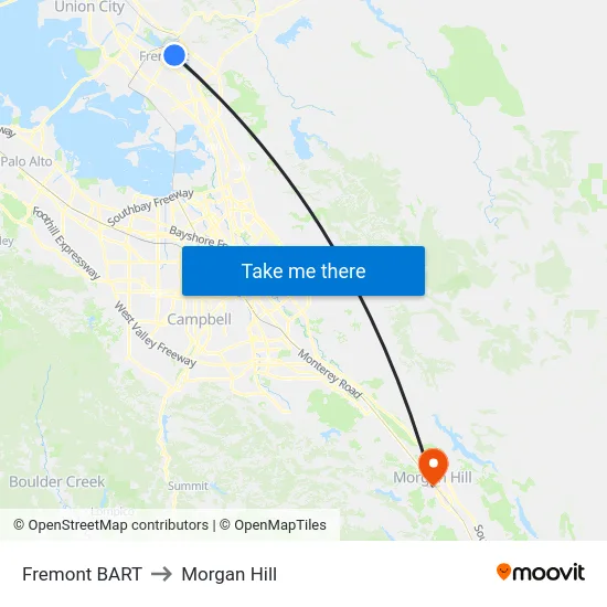 Fremont BART to Morgan Hill map