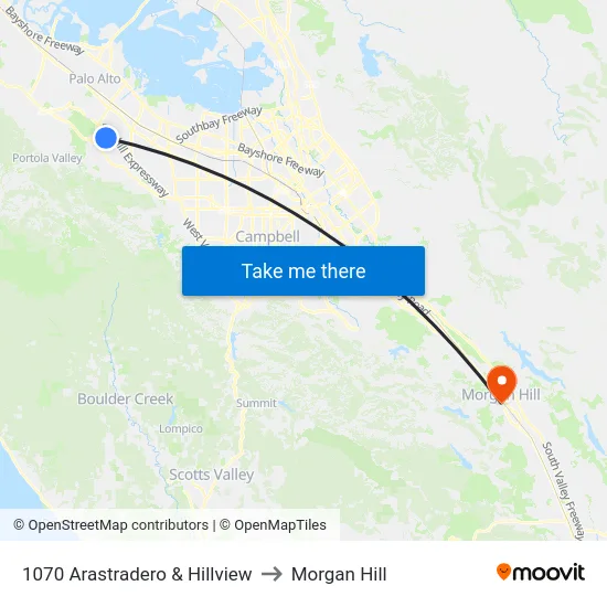1070 Arastradero & Hillview to Morgan Hill map