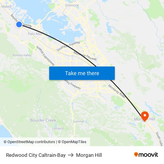 Redwood City Caltrain-Bay to Morgan Hill map