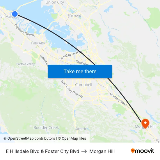 E Hillsdale Blvd & Foster City Blvd to Morgan Hill map