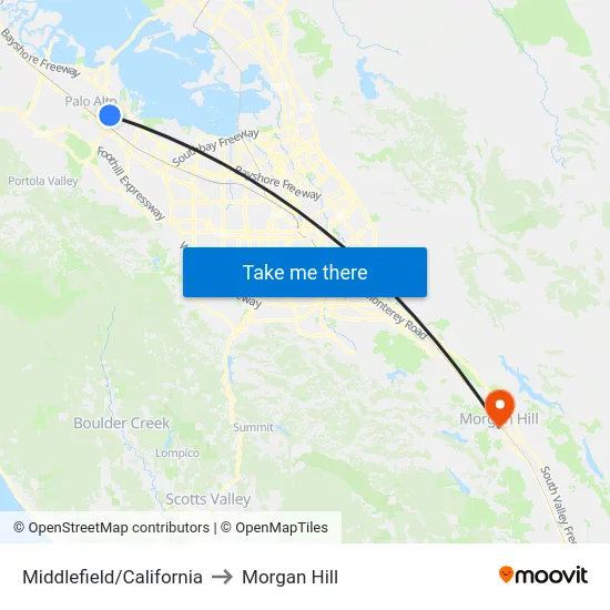 Middlefield/California to Morgan Hill map