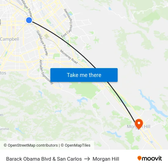 Barack Obama Blvd & San Carlos to Morgan Hill map