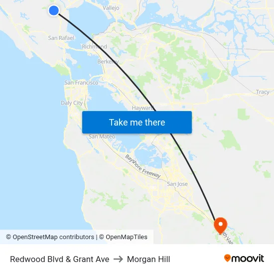 Redwood Blvd & Grant Ave to Morgan Hill map