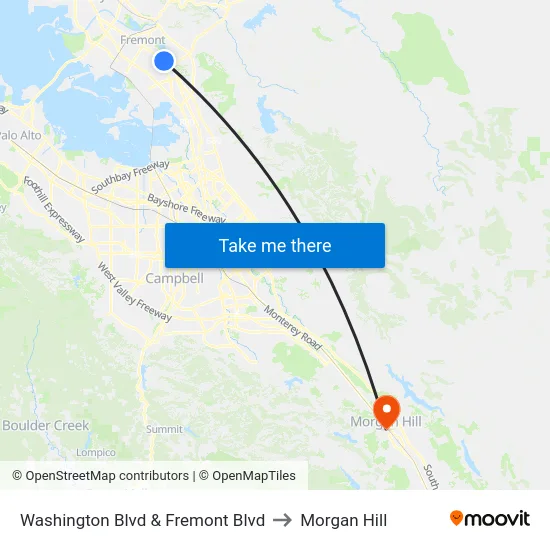 Washington Blvd & Fremont Blvd to Morgan Hill map