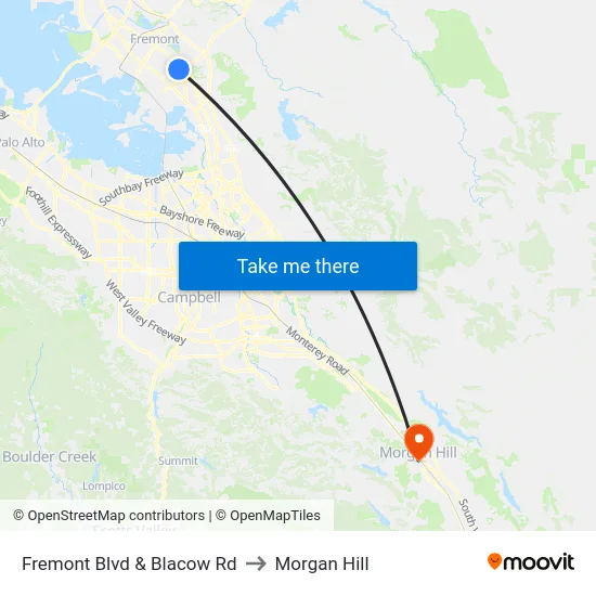 Fremont Blvd & Blacow Rd to Morgan Hill map