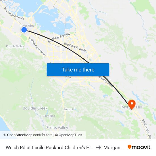 Welch Rd at Lucile Packard Children's Hospital to Morgan Hill map