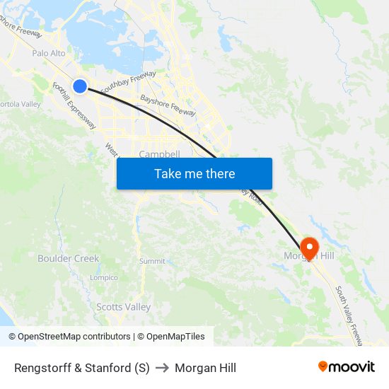 Rengstorff & Stanford (S) to Morgan Hill map